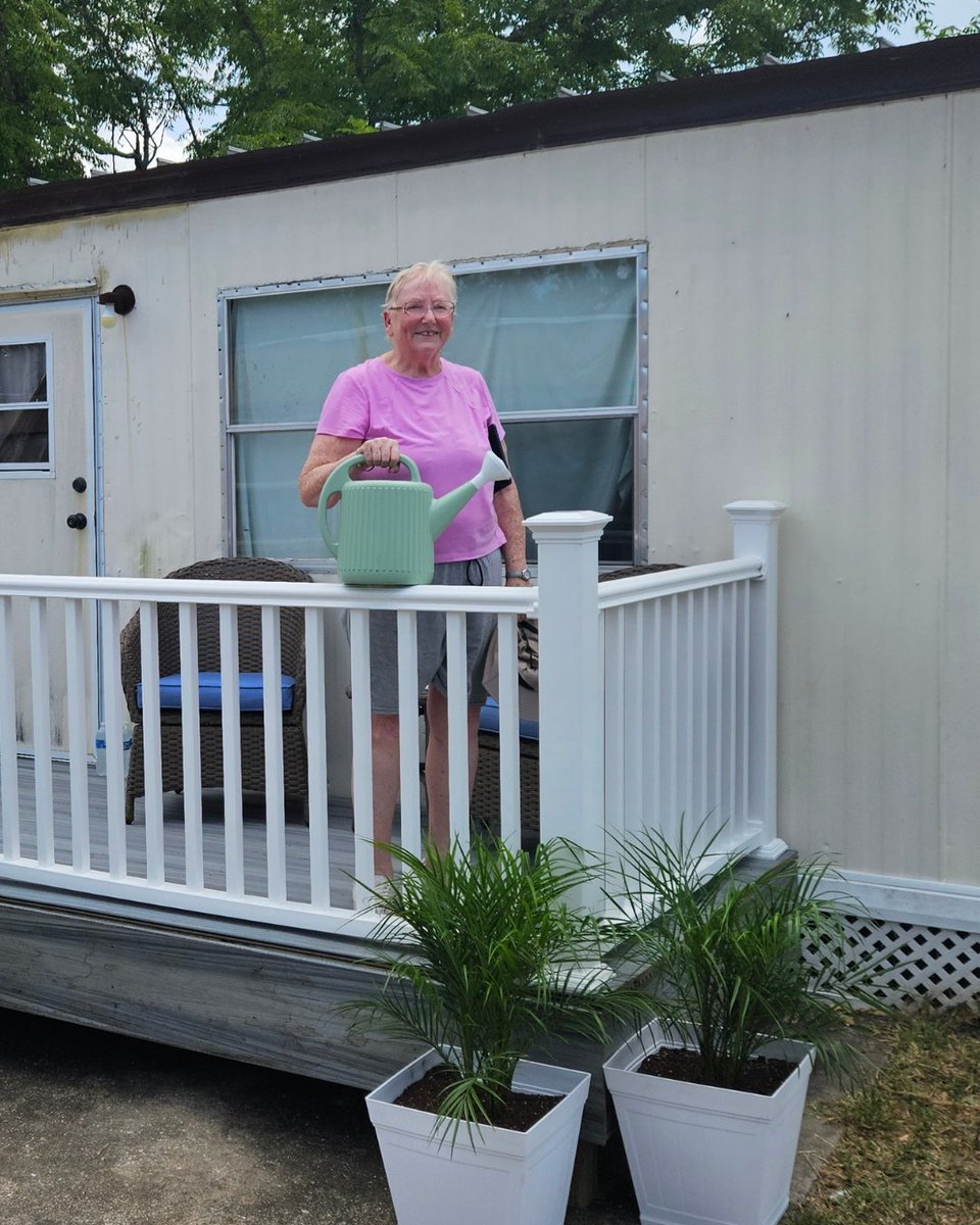 Katherine, a 75-year-old disabled Air Force veteran with limited income, came to our office seeking help with unsafe stairs at her home. Concerned about the risk of falling, she needed a safer entrance.

Thanks to a partnership with Home Depot, we provided the materials and labor
