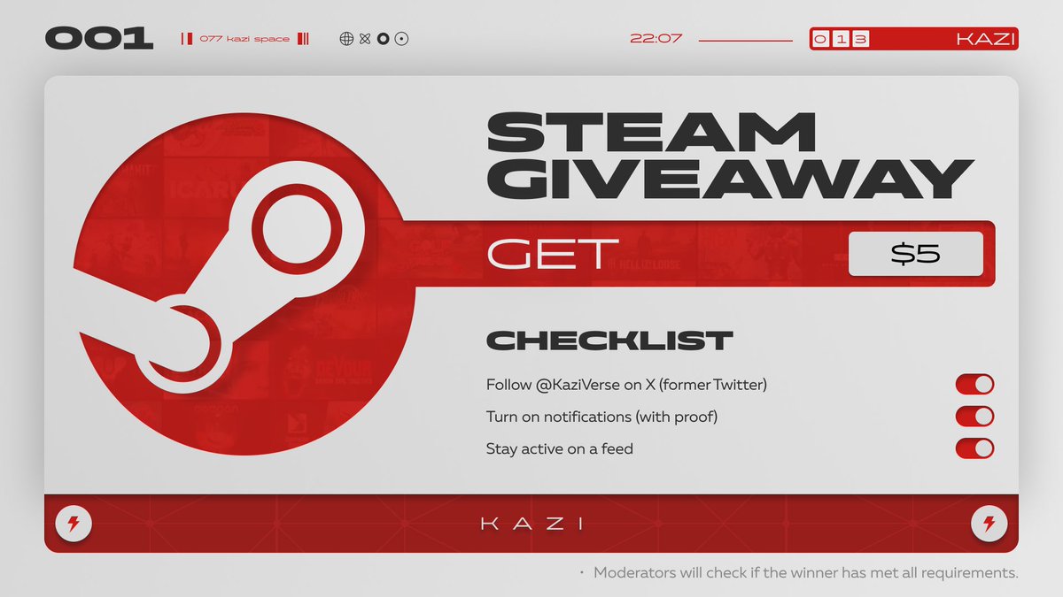 KAZI Verse (@kaziverse) on Twitter photo EXPAND THE VERSE!
We’re giving away a $5 Steam Wallet gift card to help grow the community! Here’s how to enter:
✅ Follow/RT <a href="/KaziVerse/">KAZI Verse</a>
Winner announced in 24 hours! EXPAND THE VERSE!
We’re giving away a $5 Steam Wallet gift card to help grow the community! Here’s how to enter:
✅ Follow/RT <a href="/KaziVerse/">KAZI Verse</a>
Winner announced in 24 hours!