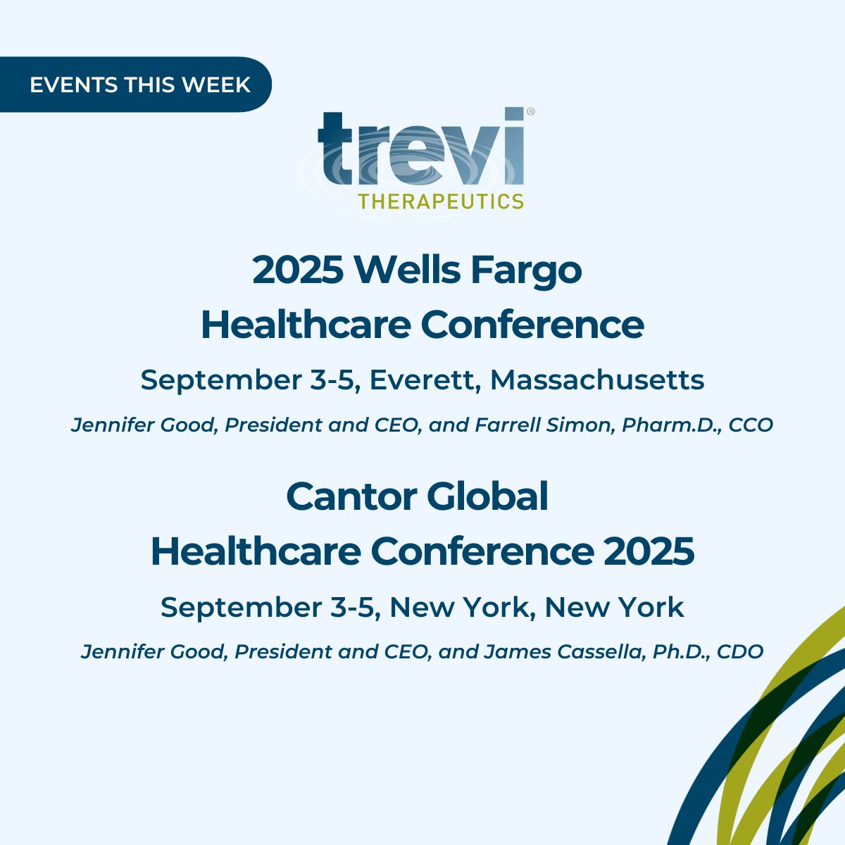 Coming up this week! 

Connect with Trevi leadership at the 2025 Wells Fargo Healthcare Conference and Cantor Global Healthcare Conference 2025. 

Let’s talk innovation, impact, and the future of chronic cough treatment. 

#UnmetNeed #ChronicCough 
<a href="/Official_Cantor/">Cantor</a> <a href="/WellsFargo/">Wells Fargo</a>
