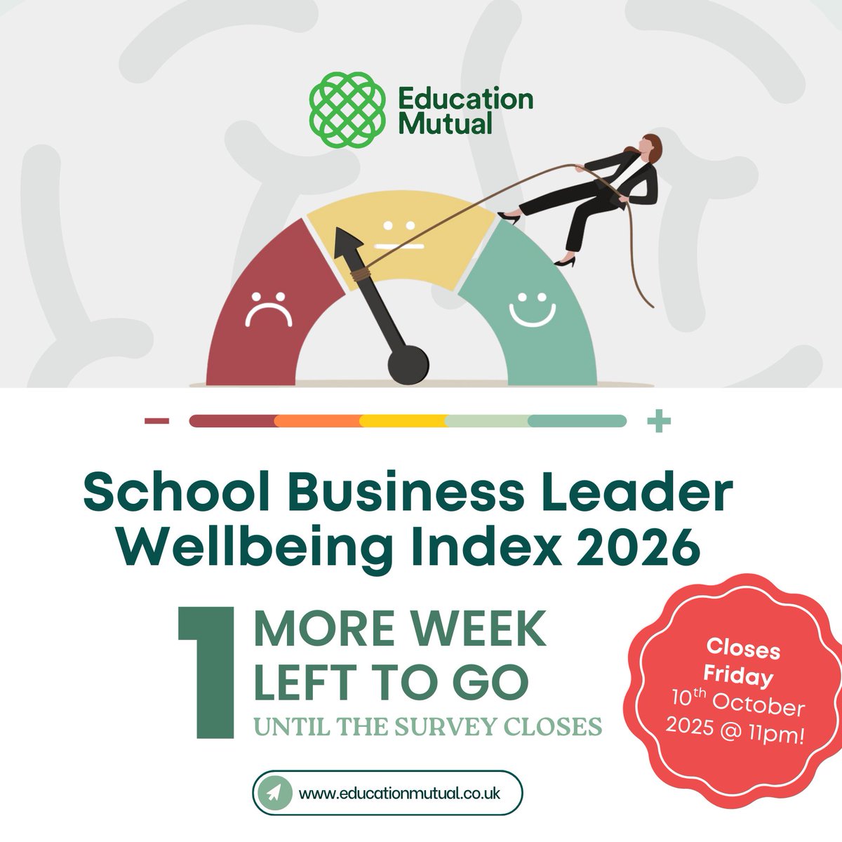 EducationMutual's tweet image. There’s just a week remaining to take part in the School Business Leader Wellbeing Index survey! #SBL #EducationMutual

Take the survey now! ⬇️online1.snapsurveys.com/EMSBLWI2026