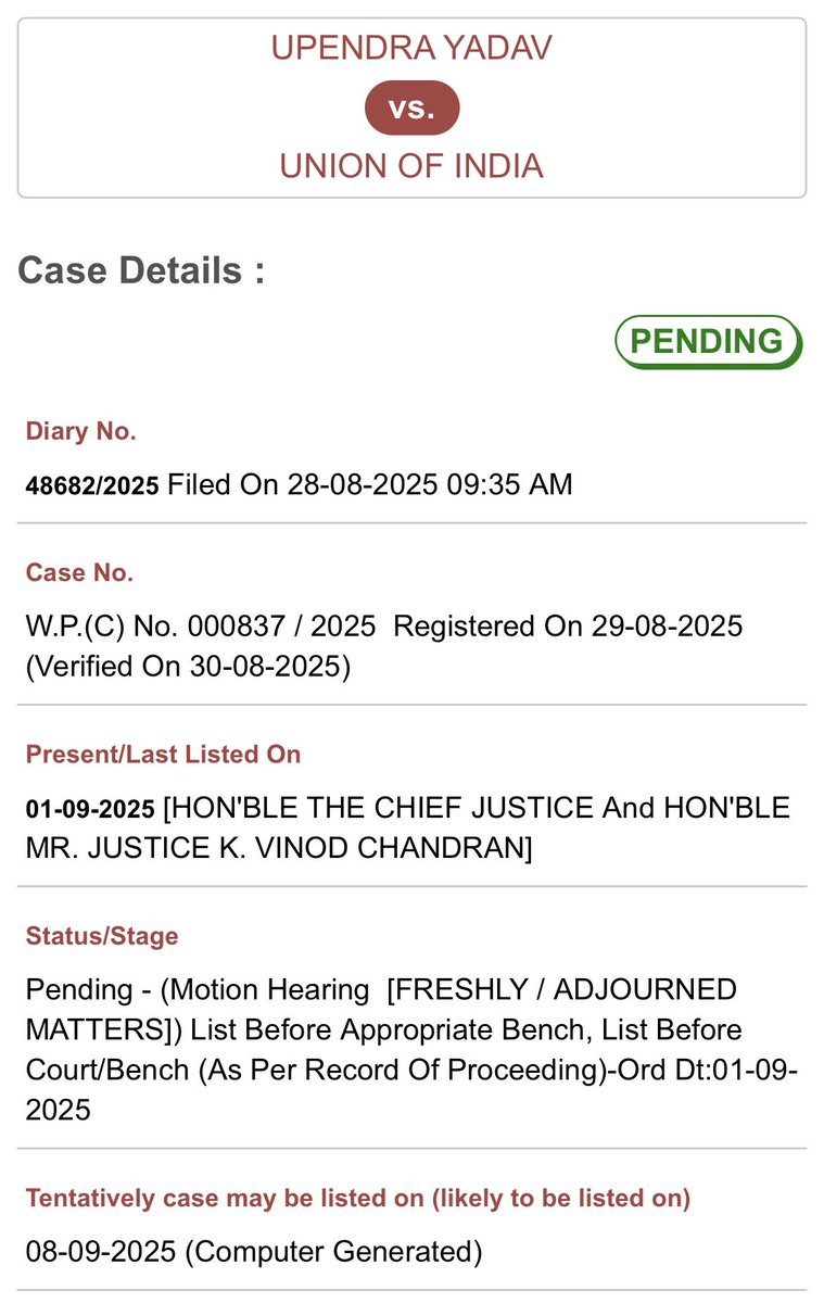 advsatyamrajput's tweet photo. NEET PG 2025 Transparency Matter  Case: Upendra Yadav vs Union of India W.P.(C) No. 837/2025 Challenging NBEMS notification over exam transparency..
Tentatively listed on 8th Sept 2025 before Justice Pardiwala. 
@DrDhruvchauhan @med_bulletinIND @medicopenia_155 @Xpress_edex https://t.co/hldvY1PT9j