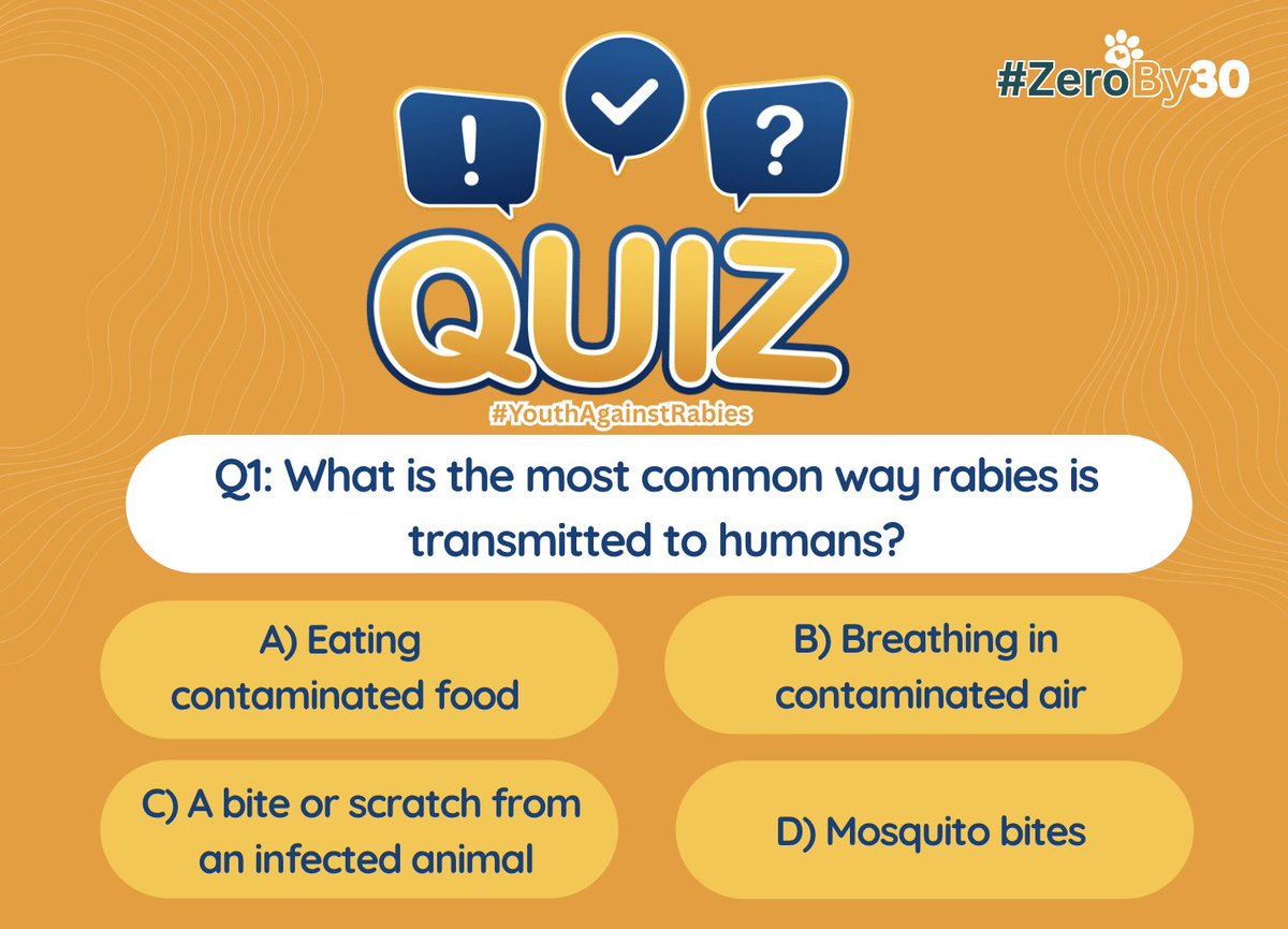 zeroby30's tweet photo. Let's play #ZeroBy30 Quiz.
Q1: What is the most common way rabies is transmitted to humans?
A) Eating contaminated food
B) Breathing in contaminated air
C) A bite or scratch from an infected animal
D) Mosquito bites
#WHO #WOAH #Nymat #YouthAgainstRabies #WHOSEARO @WHO https://t.co/JjXOephMtO