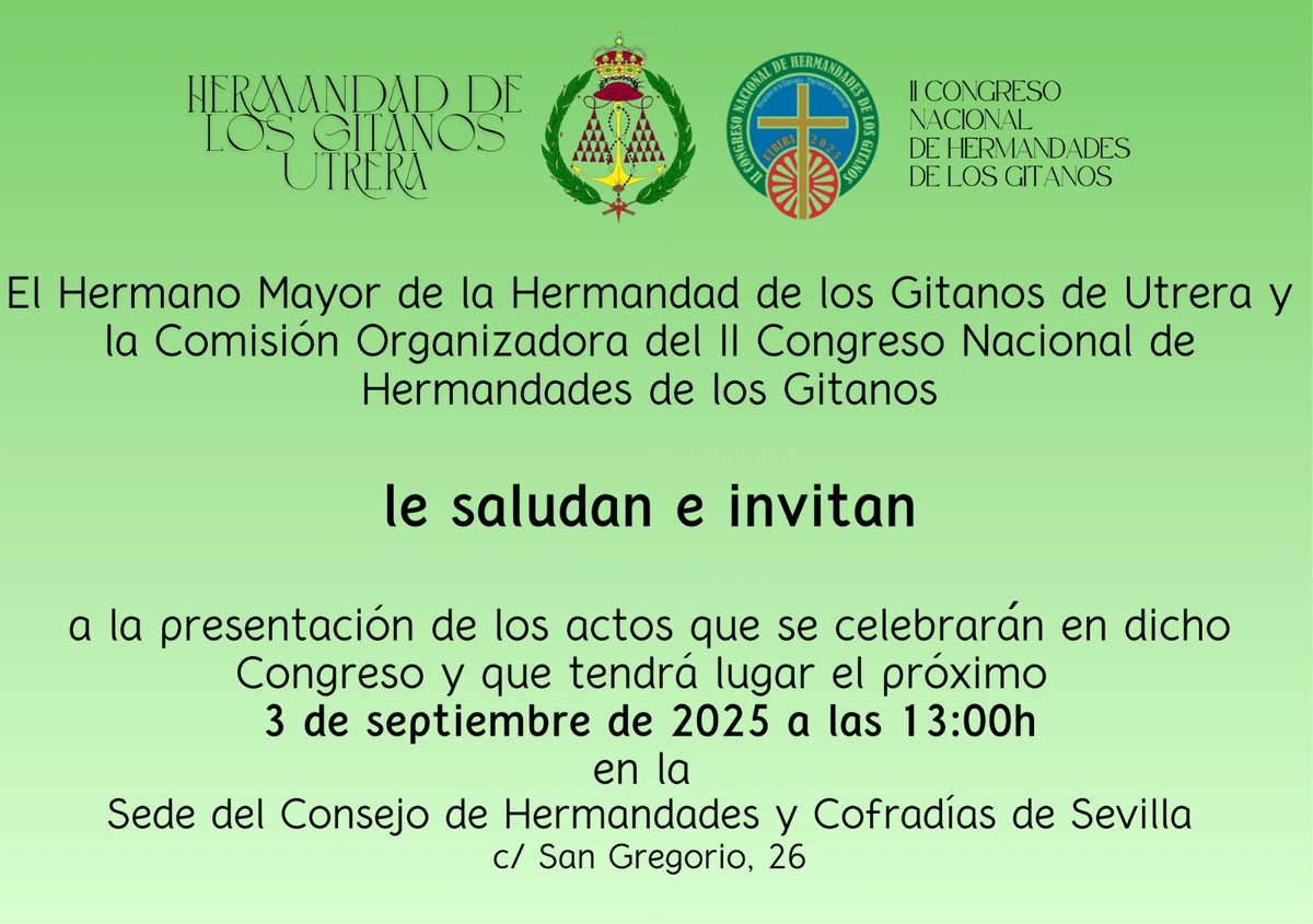 𝗣𝗥𝗘𝗦𝗘𝗡𝗧𝗔𝗖𝗜𝗢𝗡 𝗗𝗘 𝗟𝗢𝗦 𝗔𝗖𝗧𝗢𝗦 𝗬 𝗖𝗔𝗥𝗧𝗘𝗟 𝗗𝗘𝗟 𝗜𝗜 𝗖𝗢𝗡𝗚𝗥𝗘𝗦𝗢 𝗗𝗘 𝗛𝗘𝗥𝗠𝗔𝗡𝗗𝗔𝗗𝗘𝗦 𝗗𝗘 𝗟𝗢𝗦 𝗚𝗜𝗧𝗔𝗡𝗢𝗦

🗓️ Miércoles 3 de septiembre

🕐 13.00h

📌 Sede del Consejo de Hermandades y Cofradías de Sevilla

#IICongresoNacionalHHLosGitanos