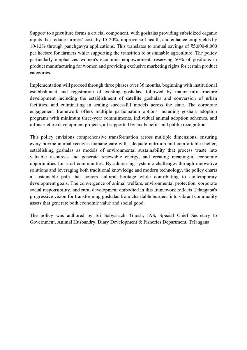 IPRDepartment (@iprtelangana) on Twitter photo 📄 Telangana Goshala Ecosystem Development Policy 2025
Authored by Sri Sabyasachi Ghosh, IAS, Special Chief Secretary, Animal Husbandry, Dairy Development & Fisheries Dept., Govt of Telangana.
#Telangana #iprtelangana #AnimalWelfare #PublicPolicy #Goshalaecosystem
<a href="/TelanganaCMO/">Telangana CMO</a> 📄 Telangana Goshala Ecosystem Development Policy 2025
Authored by Sri Sabyasachi Ghosh, IAS, Special Chief Secretary, Animal Husbandry, Dairy Development & Fisheries Dept., Govt of Telangana.
#Telangana #iprtelangana #AnimalWelfare #PublicPolicy #Goshalaecosystem
<a href="/TelanganaCMO/">Telangana CMO</a>