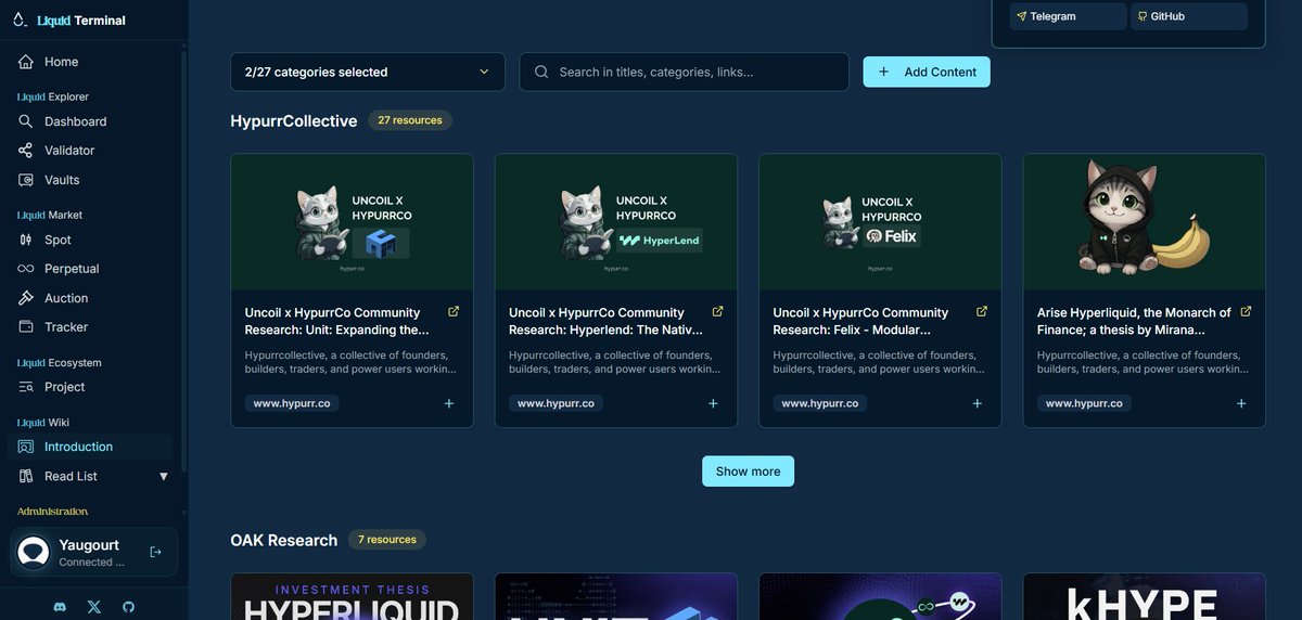 Yaugourt (@yaugourt) on Twitter photo gLiquid
One mission: aggregate everything.
You can now find all research and educational content from <a href="/hypurr_co/">HypurrCollective.hl 🐱</a> and <a href="/OAK_Res/">OAK Research</a> directly on <a href="/liquidterminal/">Liquid Terminal</a> 📚
liquidterminal.xyz/wiki
We have prepared some reading lists.
More details below👇 gLiquid
One mission: aggregate everything.
You can now find all research and educational content from <a href="/hypurr_co/">HypurrCollective.hl 🐱</a> and <a href="/OAK_Res/">OAK Research</a> directly on <a href="/liquidterminal/">Liquid Terminal</a> 📚
liquidterminal.xyz/wiki
We have prepared some reading lists.
More details below👇