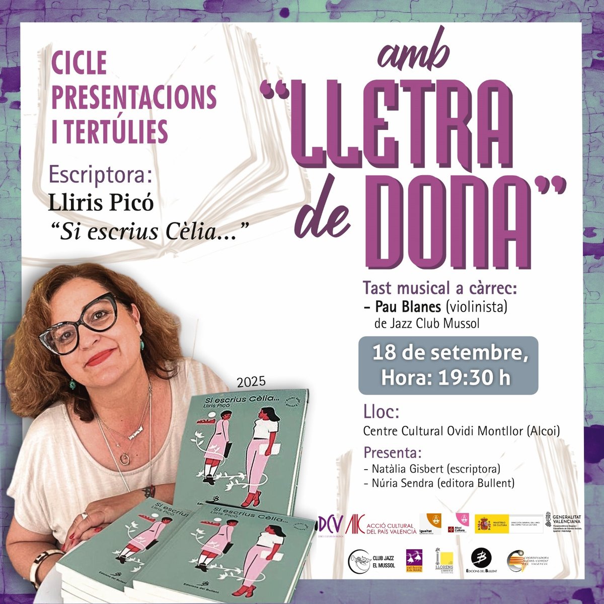 Edicions del Bullent (@bullentedicions) on Twitter photo S'inicia a Alcoi el cicle "Amb veu de dona" amb la novel·la "Si escrius Cèlia…", de Lliris Picó el dijous 18/09 a les 19,30, al <a href="/CCOvidiMontllor/">CentreOvidiMontllor</a> .
Amb <a href="/Llirispicocf/">Lliris Picó CF</a> , Natàlia Gisbert i <a href="/NriaSendra/">Núria Sendra</a> i l'actuació del violinista Pau Blanes, del Jazz Club El Mussol. S'inicia a Alcoi el cicle "Amb veu de dona" amb la novel·la "Si escrius Cèlia…", de Lliris Picó el dijous 18/09 a les 19,30, al <a href="/CCOvidiMontllor/">CentreOvidiMontllor</a> .
Amb <a href="/Llirispicocf/">Lliris Picó CF</a> , Natàlia Gisbert i <a href="/NriaSendra/">Núria Sendra</a> i l'actuació del violinista Pau Blanes, del Jazz Club El Mussol.