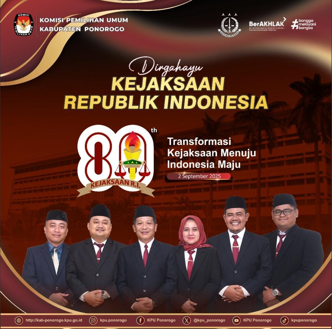 #TemanPemilih,  KPU Kabupaten Ponorogo mengucapkan Selamat Hari Ulang Tahun ke-80 Kejaksaan Republik Indonesia.
Teruslah menjadi garda terdepan dalam menjaga persatuan, melayani masyarakat, dan membangun negeri.
Jangan lupa like, share dan komen yahh..
#KPUponorogo2025