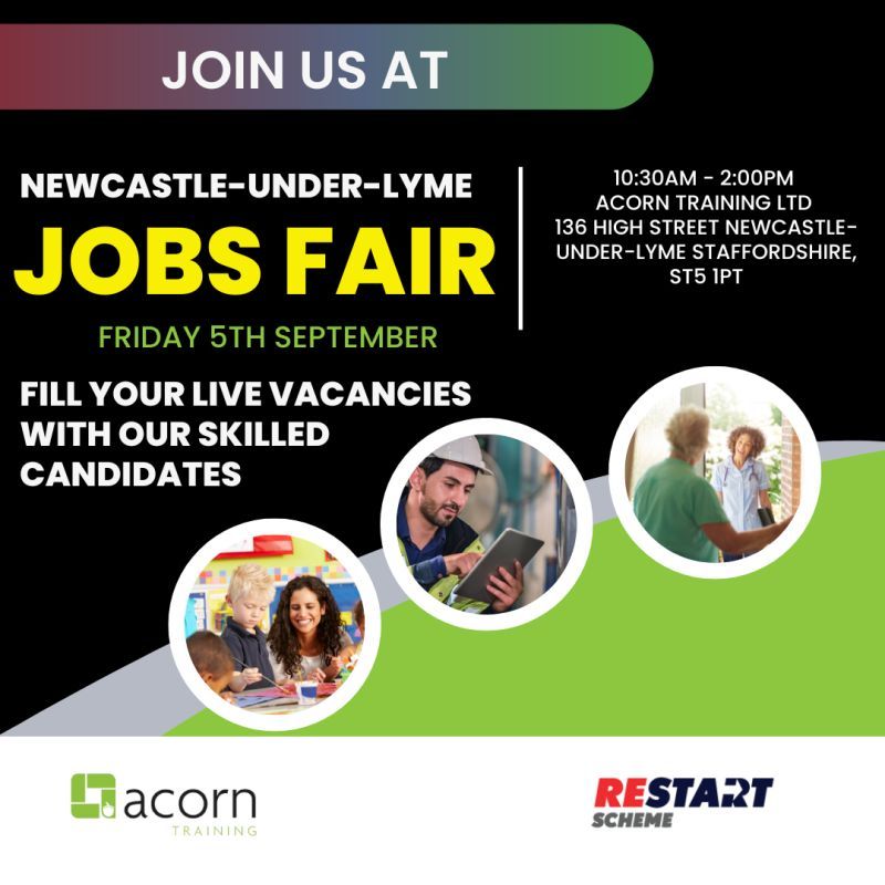 Final call for all Staffordshire Employers looking to fill their vacancies! 

📅 Date: Friday, 5th September
🕙 Time: 10:30 AM – 2:00 PM
📍 Location: Acorn Training Ltd, 136 High Street, Newcastle-under-Lyme, ST5 1PT
🎟️ Exhibitor Spaces: FREE - lnkd.in/g935vHKy 

#JobsFair