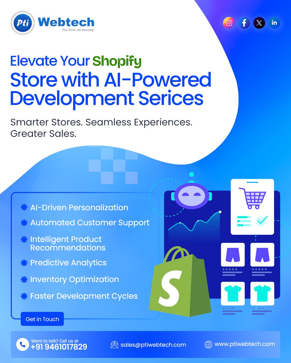 ptiwebtech's tweet image. At PTI WebTech, we specialize in integrating advanced AI solutions to transform your Stopify store into a smart, data-driven, and high-performing sales engine.

#ptiwebtech #ShopifyWithAI #AIinEcommerce #AI #AIinShopify #ShopifyDevelopment #OnlineStore #ShopifyExperts