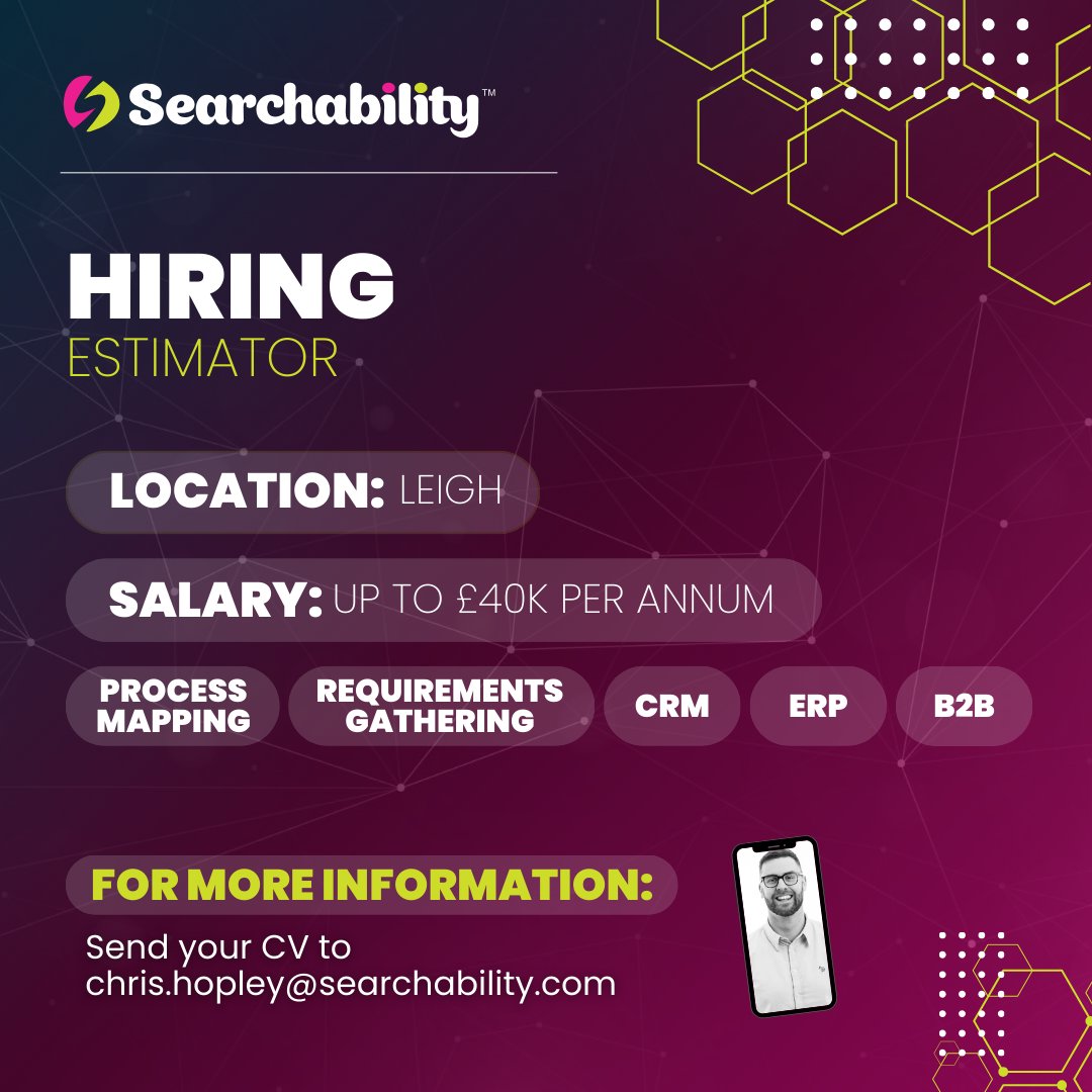 HIRING: Estimator in Leigh💡

Our client is a fast-growing technology company at the forefront of smart building solutions, working with clients across the UK and internationally.

- Fully remote working (with occasional client visits)
- Flexible working hours with core hours