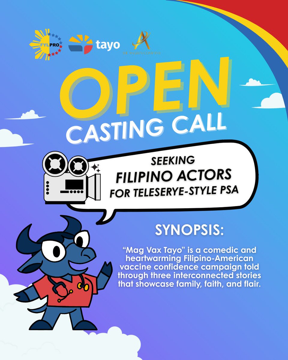 FylproMabuhay's tweet image. TODAY is the Deadline - September 2, 2025 by 6pm PT

#OpenCastingCall: FYLPRO&apos;s @tayohelp is seeking Filipino actors for a teleserye-style public service announcement (PSA) to be released this fall.

bit.ly/MagVaxTayo