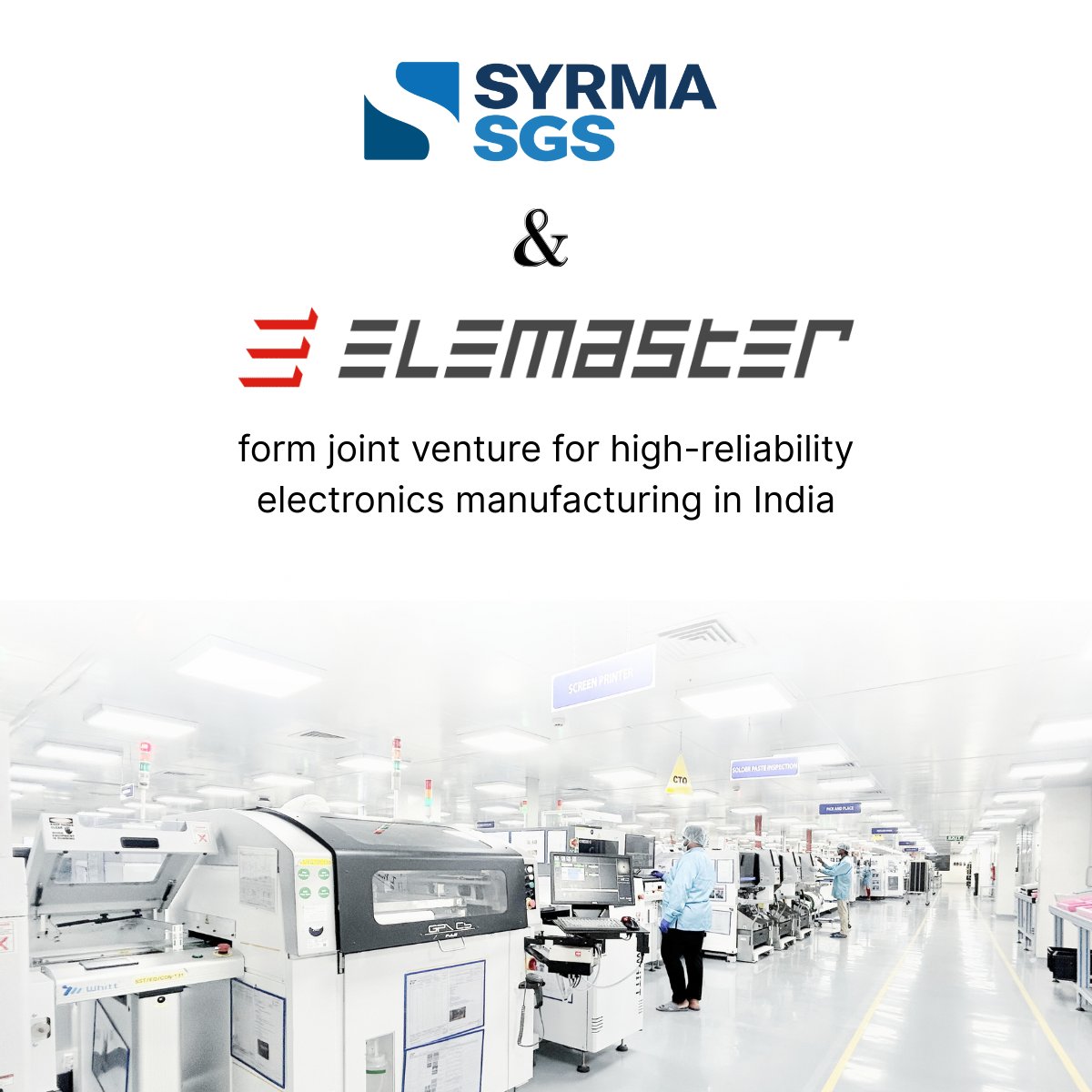Syrma SGS x Elemaster have joined hands to form a joint venture for high-reliability electronics manufacturing in India.

A new state-of-the-art facility is coming up in Bengaluru, spanning 20,000 sq. ft. with advanced SMT, THT, and box-build assembly lines.
#SyrmaSGS #Elemaster