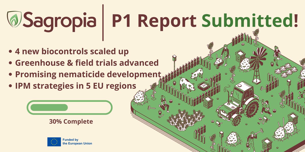 Milestone! 🎉 #SAGROPIA has submitted its P1 Report (M1–M18) 🚀
✅ 4 new biocontrols scaled up
✅ Greenhouse &amp; field trials advanced
✅ Promising nematicide (PL11)
✅ IPM strategies in 5 EU regions

On track to cut chemical pesticides by 50% 🌱
#HorizonEurope #Sustainability