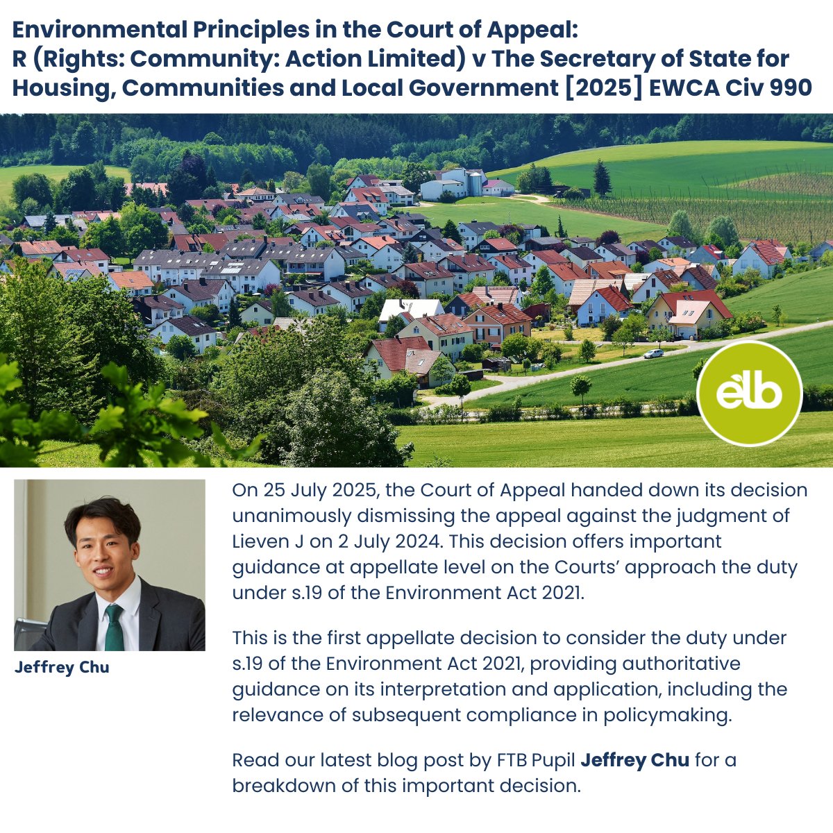EnvLaw_Blog's tweet image. Court of Appeal dismisses appeal against judgment of Lieven J on 2 July 2024, giving first appellate guidance on s.19 Environment Act 2021. 

Breakdown by FTB Pupil Jeffrey Chu: lnkd.in/ejNeWvzd 
Subscribe to #ELB: lnkd.in/exzJTHCn 

#EnvironmentLaw #CourtOfAppeal