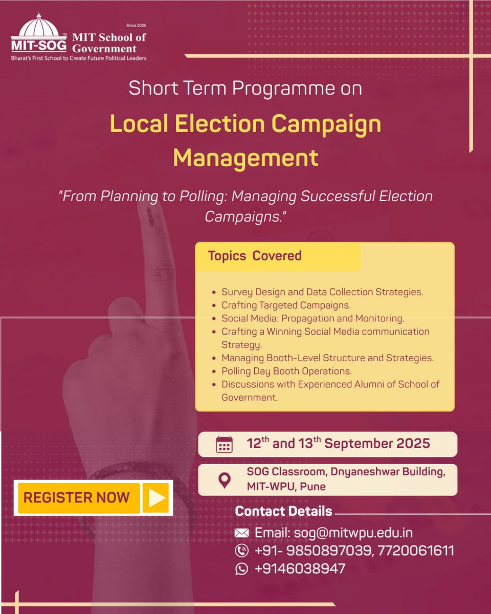 “Winning Election Campaigns aren’t just about Speeches — They’re about Building Winning Strategies!”

Campaigns are built on strategy, organization, and communication.

#Electionmanagement #CampaignManagement #PoliticalTraining #LocalLeadership