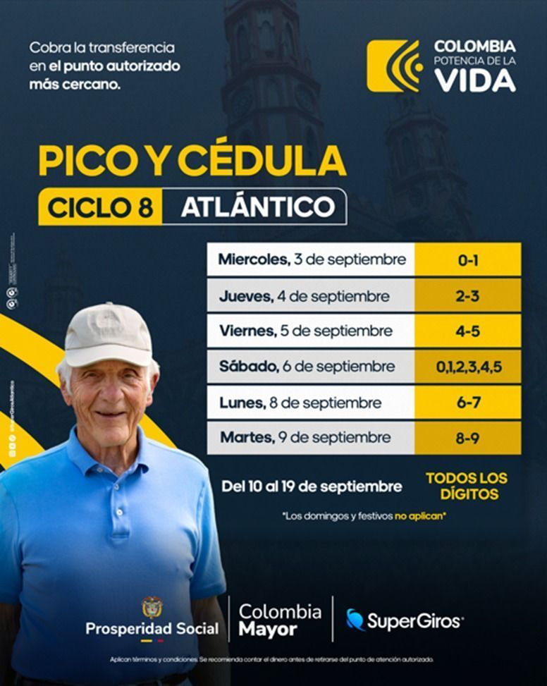 📢 Recuerda que este 3 de septiembre comienzan los pagos del programa Adulto Mayor en Baranoa. Consulta tu pico y cédula para reclamar de manera organizada y sin contratiempos. ¡Sigamos cuidando de nuestra gente mayor! 💙