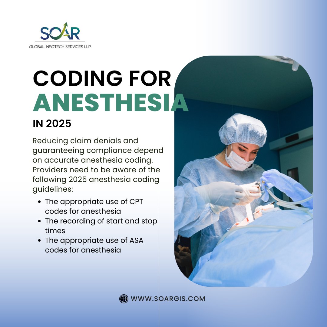 Socialmedi16996's tweet image. 🩺 Profitability equals precision.
With the updates to CPT, ICD-10, and ASA in 2025, anesthesia codes are getting more stringent. To prevent expensive errors, coders and providers need to stay informed.#AnesthesiaCoding #CodingForAnesthesia #ASAcode #MedicalCoding #SOARGlobal