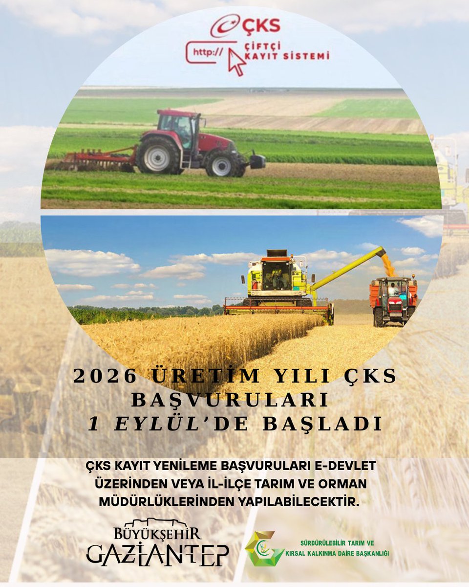 📢Çiftçi Kayıt Sistemi (ÇKS) 2026 üretim yılı kayıt yenileme başvuruları 1 Eylül 2024 tarihinde başladı.🧑🏻‍🌾👩🏻‍🌾

ÇKS kayıt yenileme başvuruları e-Devlet üzerinden veya İl/İlçe Tarım ve Orman Müdürlüklerinden yapılabilecek.