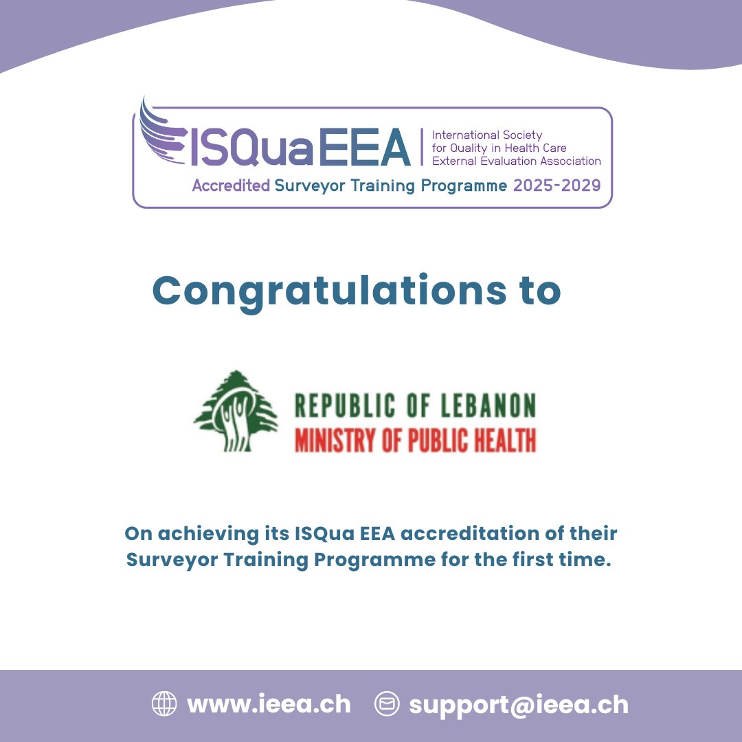 Excited to announce that Ministry of Public Health - Lebanon has achieved its ISQua EEA accreditation of their Surveyor Training Programme. Congratulations to their team for this remarkable accomplishment! 🤝

👉 To know more about our Programmes, visit ieea.ch