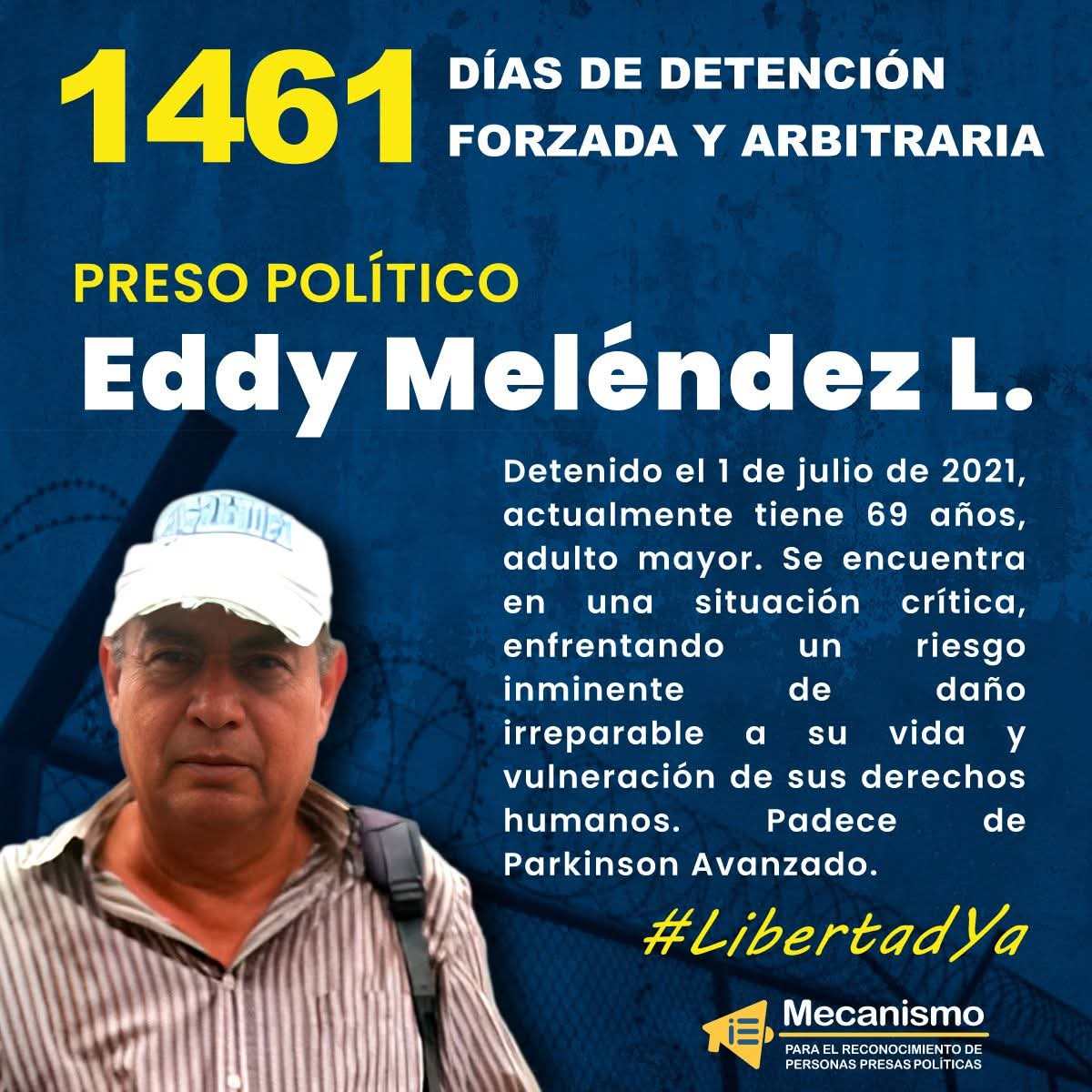 Azultierra1234's tweet image. Eddy Meléndez L, está enfermo, padece de Parkinson y aún así lo tienen privado de su libertad.. Fue secuestrado en julio del 2021. 
Eddy y todos los +80 presos políticos deben ser liberados.
@CIDH 
@OACNUDH 
@Europarl_ES 
@amnesty 
#SOSNicaragua
#LibertadParaTodosLosPresosP