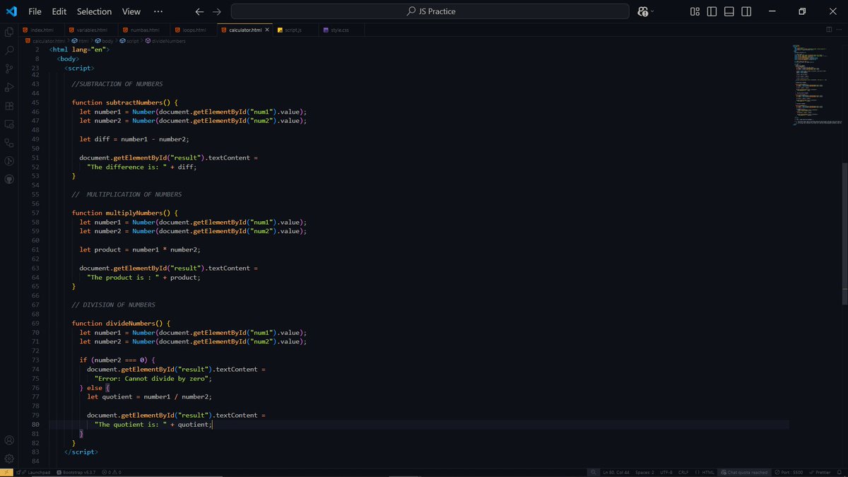 Destiny_Okagbuo's tweet image. Added three (subtraction, multiplication and division) more buttons to the simple calculator I built.
#Day120
#WebDevelopment 
#MitaSchool