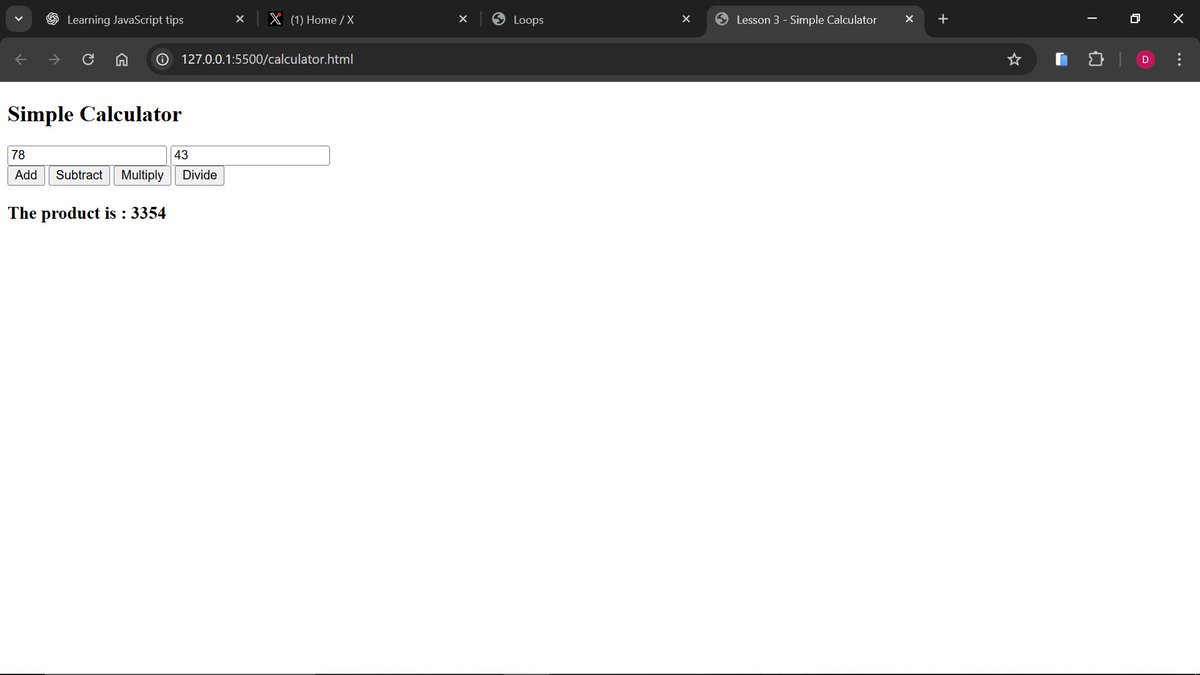 Destiny_Okagbuo's tweet image. Added three (subtraction, multiplication and division) more buttons to the simple calculator I built.
#Day120
#WebDevelopment 
#MitaSchool