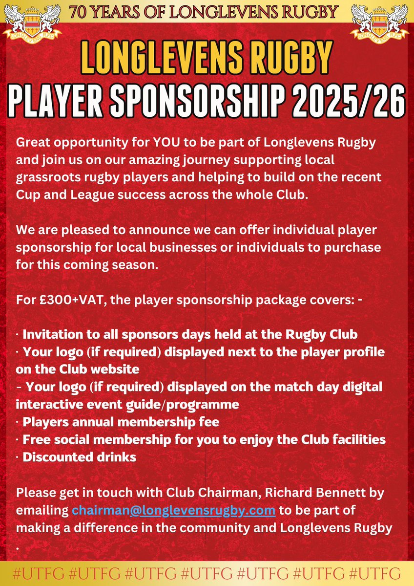 Longlevens Rugby (@longlevensrugby) on Twitter photo π PLAYER SPONSORSHIP π
We are pleased to reveal our Player Sponsorship package for the 2025/26 season. For more information and to sign up please contact chairman@longlevensrugby.com π§ π PLAYER SPONSORSHIP π
We are pleased to reveal our Player Sponsorship package for the 2025/26 season. For more information and to sign up please contact chairman@longlevensrugby.com π§