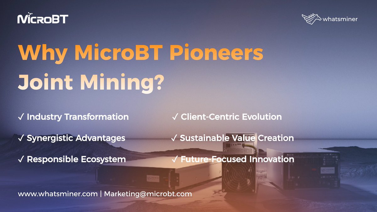 Whatsminer_MBT's tweet image. #MicroBT is leading the shift from hardware competition to integrated partnerships. Our Joint Mining initiative enables you to mine #Bitcoin with zero hardware cost, share long-term rewards, and leverage industry-leading #ASIC tech, flexible cooling solutions, and full…