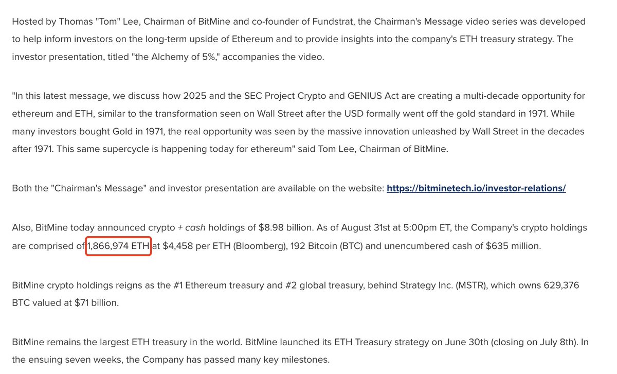 BitMine ETH Holdings Announcement