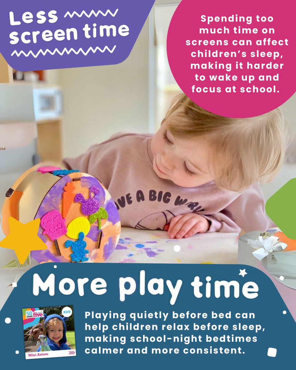 50TTDBradford's tweet image. As children start nursery or school, routines matter! But screen time can disrupt sleep 😴. Try calm, creative activities like colouring before bed to help children relax and make school nights calmer. 🌙✨
#LessScreenTimeMorePlayTime #Play #EarlyYears #ScreenFreePlay