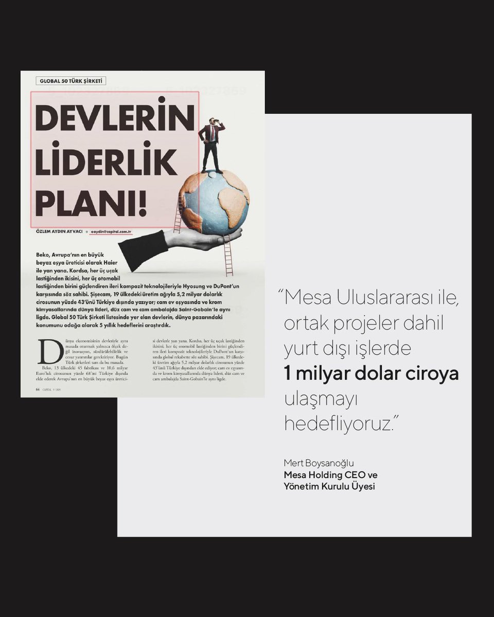 Mesa Holding, Capital dergisinin, Türk markaların dünya ekonomisindeki yerini, küresel pazar paylarını ve önümüzdeki 5 yıl için hedeflerini ortaya koyan “Global 50 Türk Şirketi” araştırmasında yer aldı. Mesa Holding CEO ve Yönetim Kurulu Üyesi Mert Boysanoğlu, Mesa Uluslararası