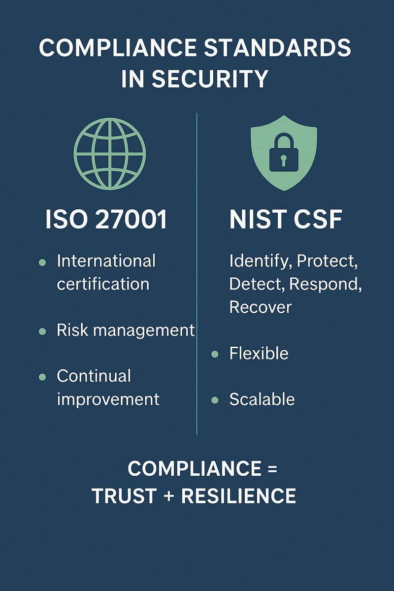 DynamicReact's tweet image. 📑 ISO 27001 vs NIST CSF
✅ ISO 27001: Global certification, risk-based, continual improvement
✅ NIST CSF: Identify, Protect, Detect, Respond, Recover — flexible & scalable
Both = trust + resilience.
Which do you prefer: Certification or Flexibility?
#CyberSecurity