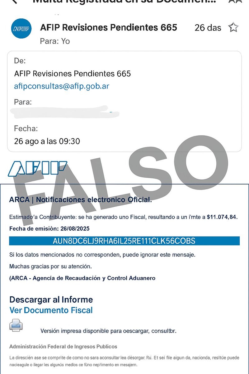BlogDelContador's tweet photo. 🚨🚨CUIDADO: estamos recibiendo muchas consultas de mails enviados supuestamente por ARCA que salen de la casilla afipconsultas@afip.gob.ar. SON FALSOS.

📌Como siempre aclaramos, ARCA no envía notificaciones de deuda, intimaciones ni sumarios por mail. 

@ARCA_informa https://t.co/ofCCbW0L1U