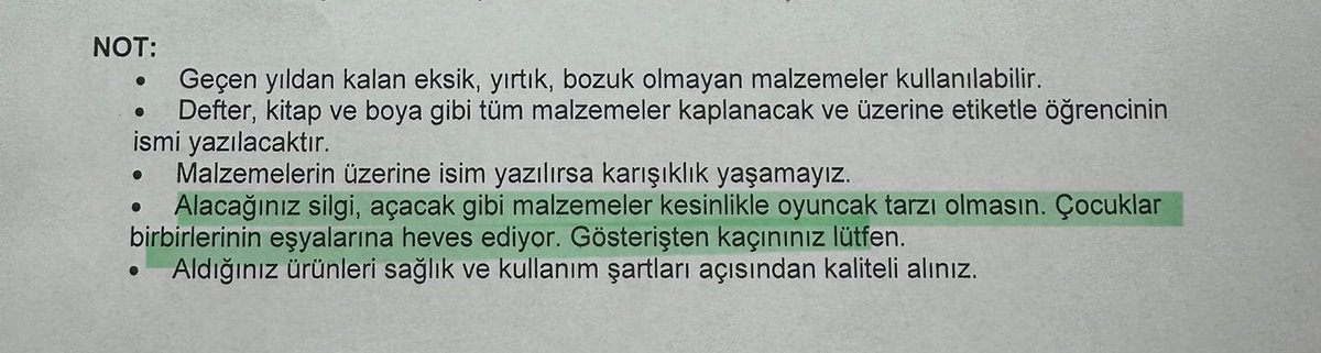 4. sınıf ihtiyaç listesine düşülen not