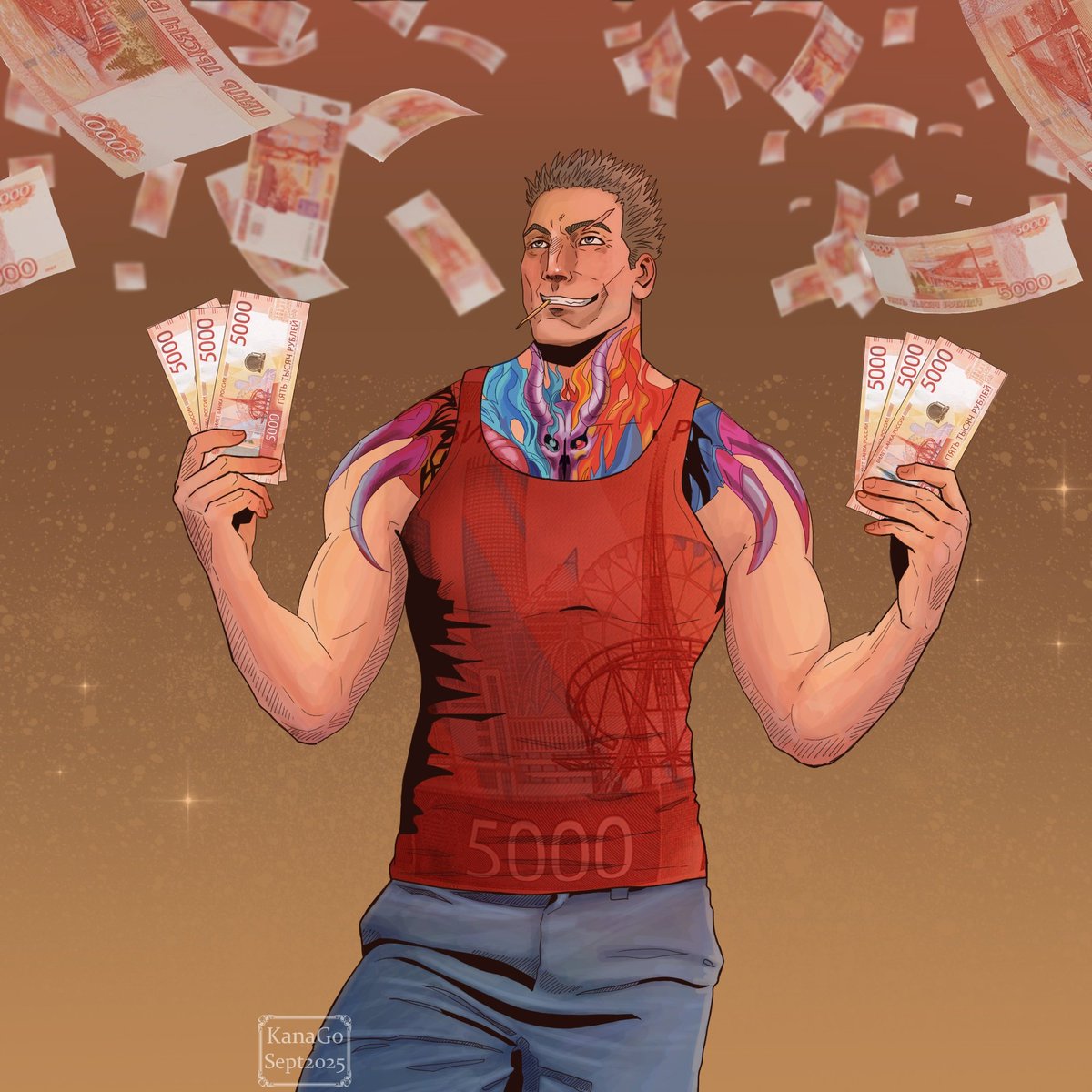 Если хочешь приманить 5000, одевайся как 5000, думай как 5000, стань 5000!! 
🫰🏻
(Это денежный Вадик, если вы сделаете ретвит, то на вас обрушится дождь купюр в желаемой валюте) 😁
#чумнойдоктор #чд #вадимдракон #kanago_makesart