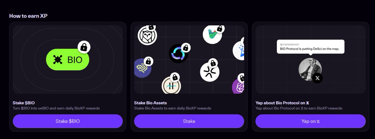 ⁉️⁉️BIO WIKI #1: BIOXP (2)
3⃣ How to get BioXP?
1. Staking BIO and other ecosystem tokens
- Stake $BIO to earn veBIO and receive a steady stream of BioXP.
- Stake other ecosystem tokens (from projects like agents, IPTs, and DAOs) to earn an even greater share of the daily BioXP