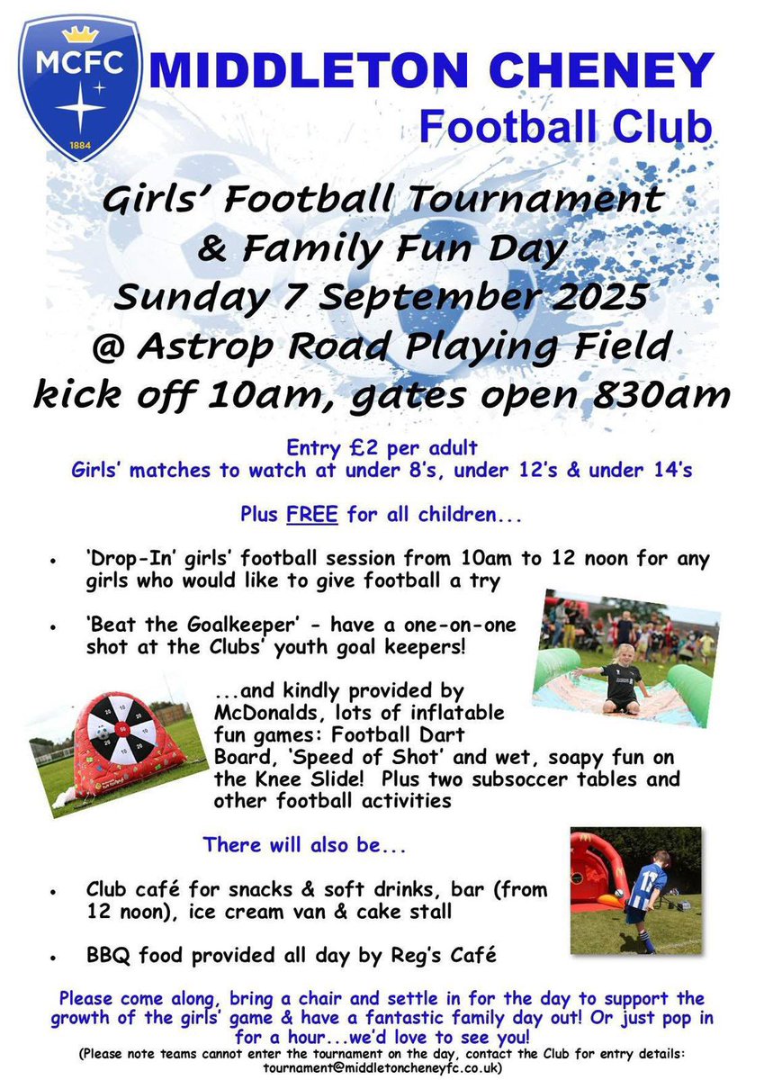 This Sunday 7th Sept sees our inaugural Girls Football Tournament taking place at Astrop Road, Middleton Cheney.

Under 8’s, 12’s &amp; 14’s teams will be taking part so come and join the fun.

See below for details 👇