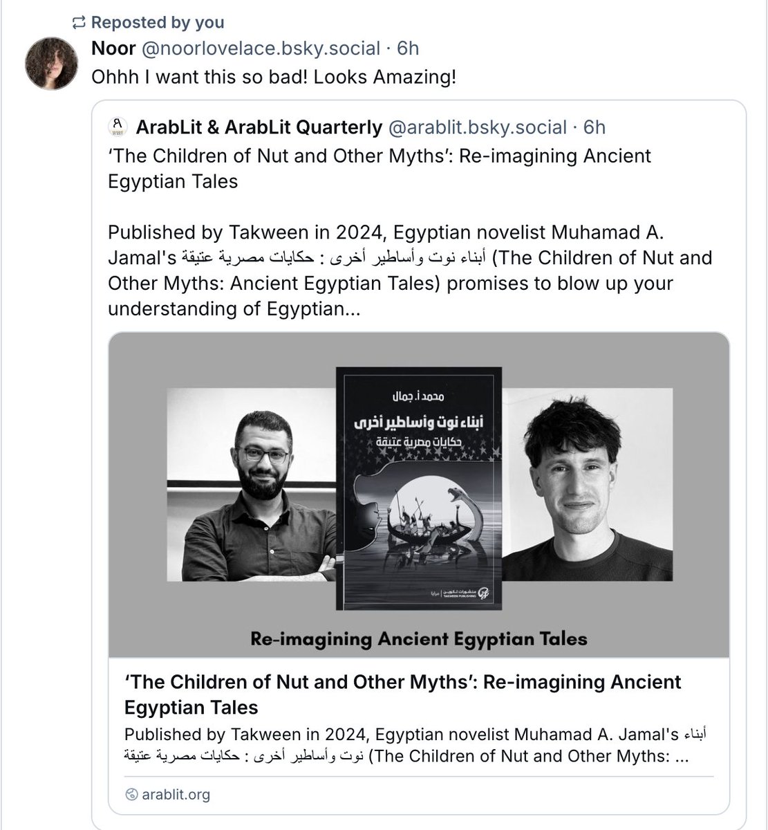 Find out more inside about:
*Egyptian mythology
*This witty retelling
*Capitalization and James's Strategies for Translating Humor
*More

arablit.org/2025/09/02/the…