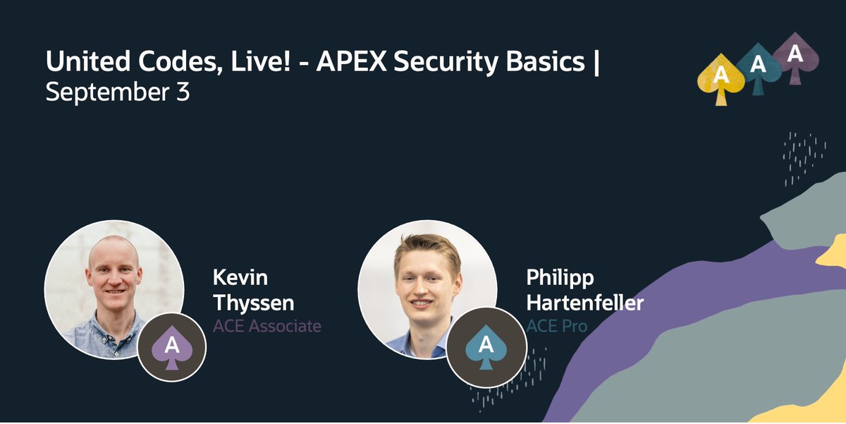Tomorrow, join Oracle ACEs <a href="/phartenfeller/">Philipp Hartenfeller</a> and <a href="/kevinthyssen/">Kevin Thyssen</a> for their session "United Codes, Live! - APEX Security Basics". 
Check out the details 👉 
social.ora.cl/6017fAJeN
#OracleACE