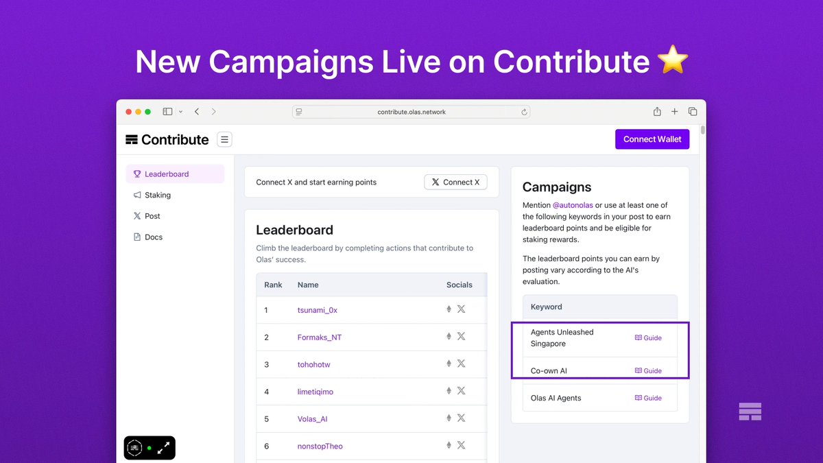 autonolas's tweet image. Earn rewards for posting on X🏆
The Contribute app is live with two new campaigns!
Now you can earn potential rewards for posting about Olas on X. Simply:
→Connect your wallet & X account
→Stake OLAS
→Join a campaign & start posting
👉🏻 Start Now: contribute.olas.network