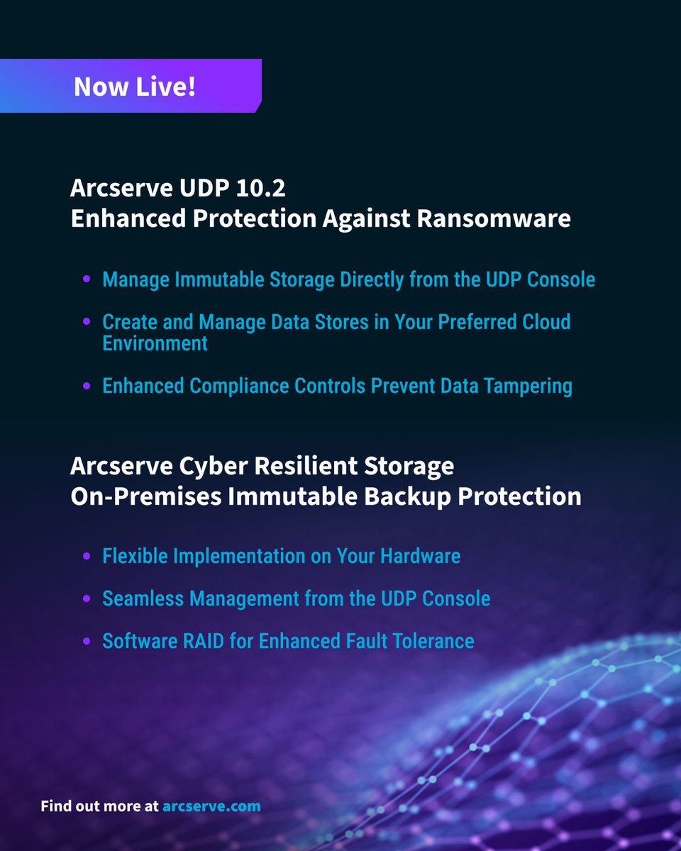 loophold's tweet image. 🗓️ @Arcserve expands immutable backup &amp;amp; storage for SMB IT teams! ✅ UDP 10.2 + Cyber Resilient Storage gives control of cloud &amp;amp; on-prem immutable storage from a single interface. 

💡 Learn more:  lnkd.in/eDgU5qQ4

 #DataProtection #RansomwareDefense #Arcserve