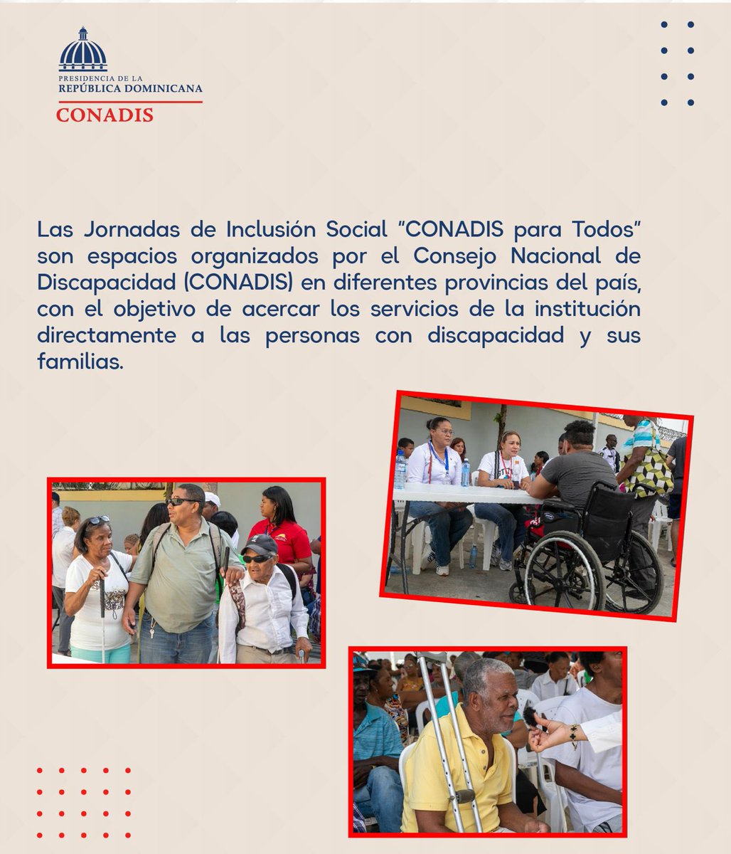 ConadisRD's tweet image. Las Jornadas de Inclusión Social CONADIS para Todos siguen llevando servicios, orientación y oportunidades a las personas con discapacidad y sus familias en todo el país.

👀 ¿Adivinas en qué provincia estaremos muy pronto?

#ConadisParaTodos #InclusiónRD #ConadisConTodos