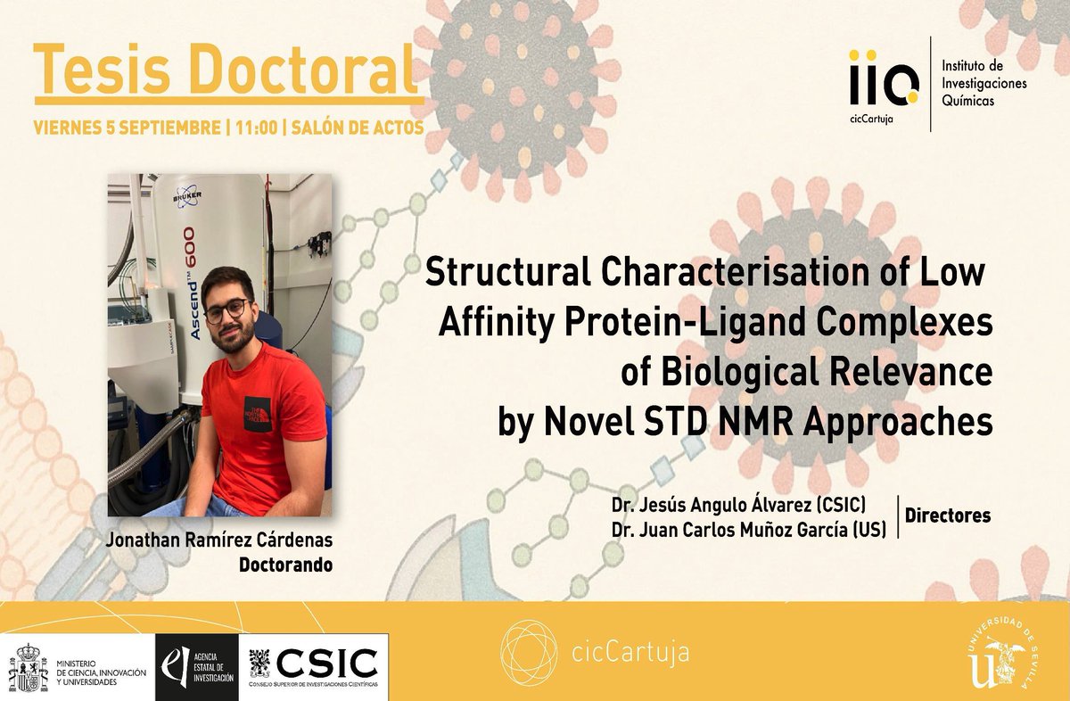 A heads-up: Friday 11am, first PhD defence in the <a href="/Angulo_Lab/">Jesus Angulo</a> since the lab started in Seville. It'll be at <a href="/cicCartuja/">cicCartuja</a> <a href="/CSIC/">CSIC</a>. Jona's presenting his work on some pretty cool new STD NMR approaches for low-affinity biomolecular interactions. Co-supervised with <a href="/jkcarb/">Juan Carlos Muñoz</a>
