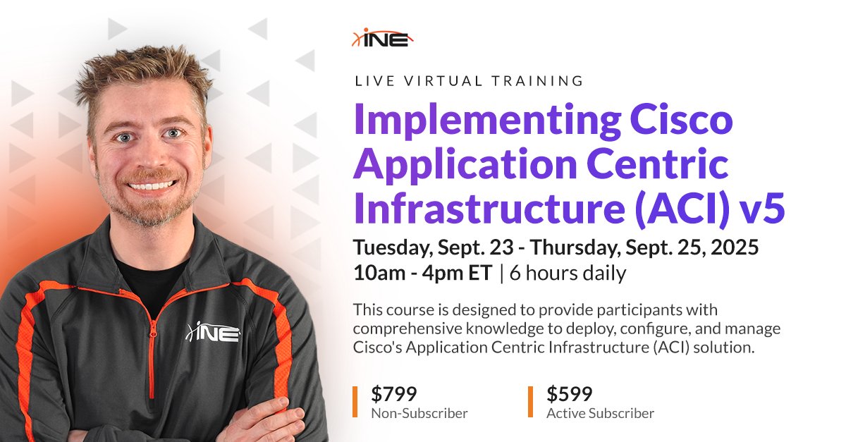 ine's tweet image. Master #CiscoACI with expert Brian McGahan! Our 3-day training covers everything from fabric design to security policies &amp;amp; troubleshooting. Boost your #datacenter skills with SDN &amp;amp; policy-based automation. Basic networking knowledge required. Register now! bit.ly/4fUiAFi