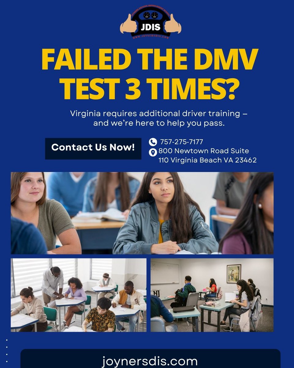 Jdrivingschool's tweet image. Failed the DMV Test 3 Times? Don’t worry — we’ve got the solution!

🎓 Certificate SAME DAY
👉 Enroll today at joynersdis.com
📞 Call us now: 757-275-7177

#JoynersDrivingSchool #DMVTest #DriverImprovement #DrivingSchoolNearMe #BehindTheWheel #DrivingLessons #DriversEd