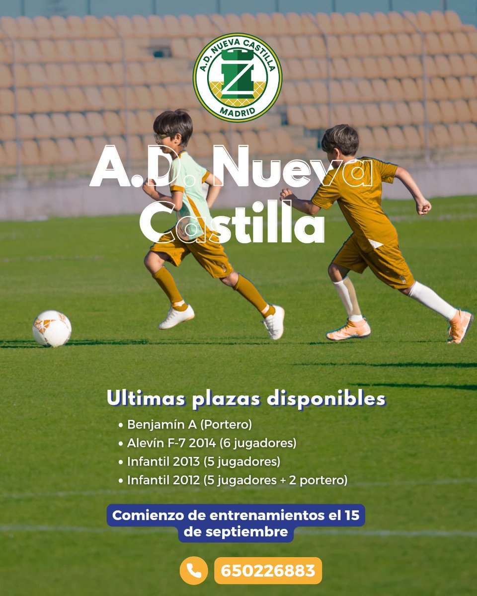 No te quedes sin jugar !!!!! Te estamos esperando 💪🏼⚽

#ADNuevaCastilla💛💚