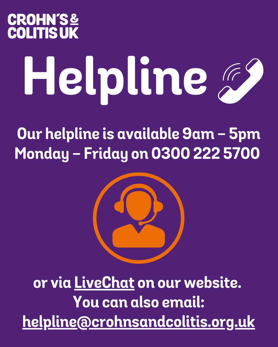 CrohnsColitisUK's tweet photo. We know it can be difficult to live with, or support someone living with these conditions. But you’re not alone. Our helpline is available 9am - 5pm, Monday - Friday on 0300 222 5700 or via LiveChat on our website. Or you can email: helpline@crohnsandcolitis.org.uk https://t.co/noBQrXnWed
