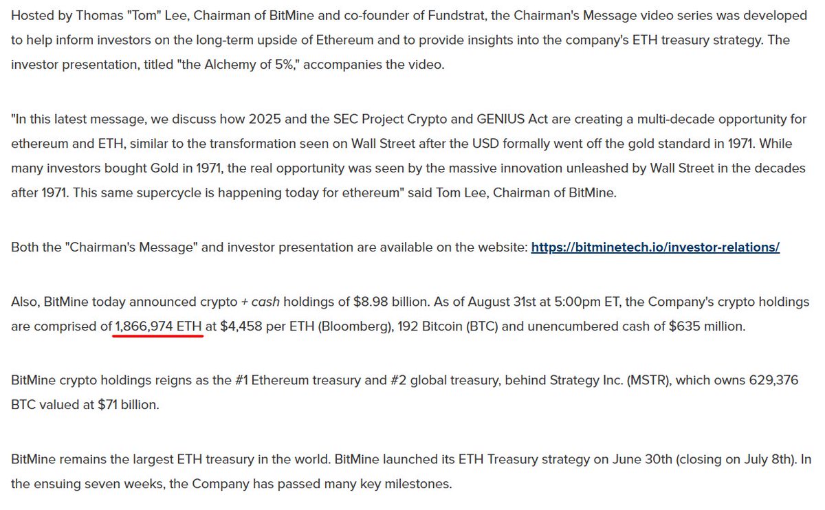 BitMineの8月投資家向け更新：ETH保有と戦略のハイライト