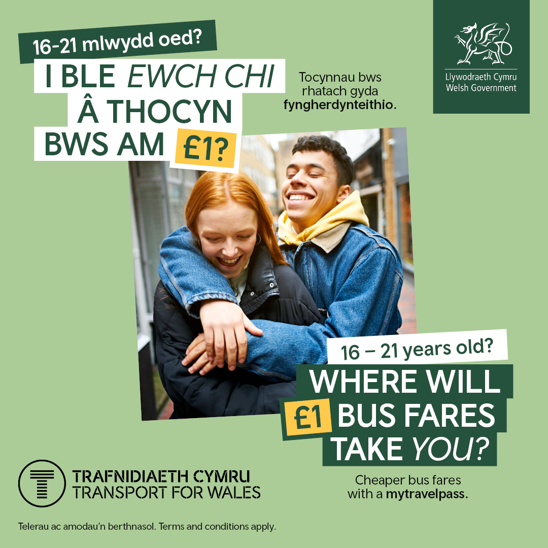 16 i 21 oed? Peidiwch â cholli’r cyfle hwn!

🚌Tocynnau bws unffordd am £1 a dyddiol am £3 os oes gennych FyNgherdynTeithio

🤔Heb FyNgherdynTeithio?

Holwch am un nawr 👉 mytravelpass.tfw.wales/cy

Rhaid cadw at yr Amodau a Thelerau