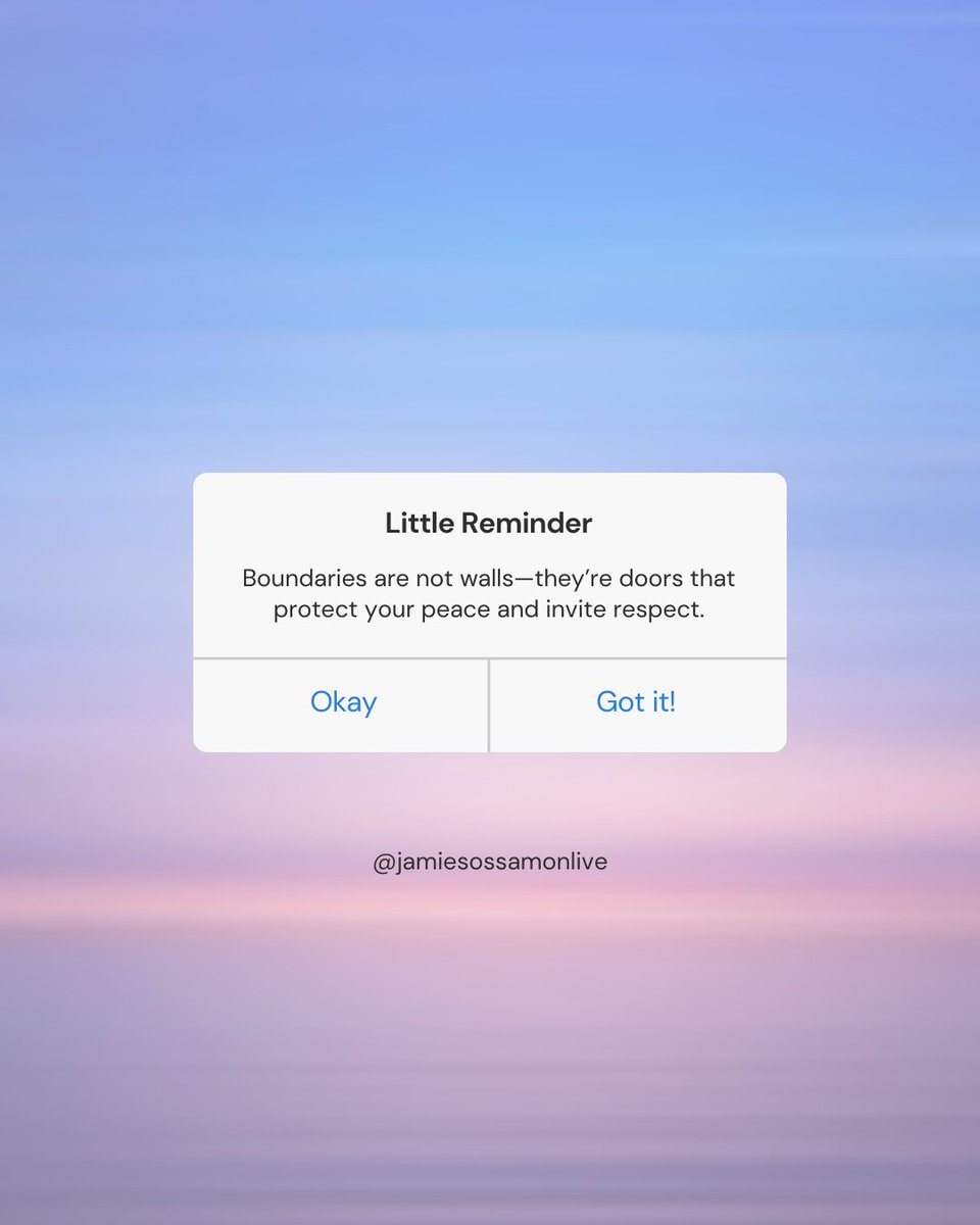 jamiesossamon's tweet image. Bravery doesn’t need an audience. Today, I’m choosing to set healthy boundaries.
#HealthyBoundaries #SelfRespect #EmpoweredChoices